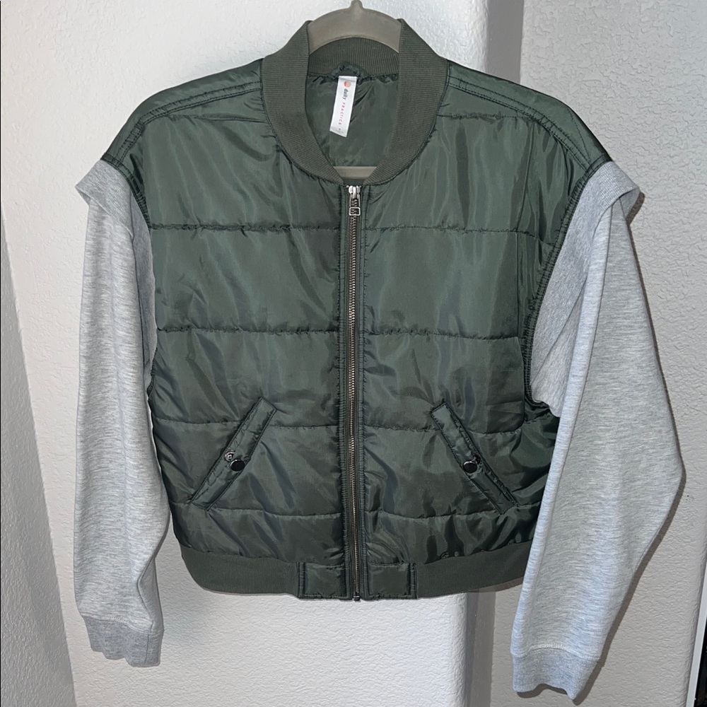 Women's anthropology Olive Green Bomber Jacket with Grey Sleeves